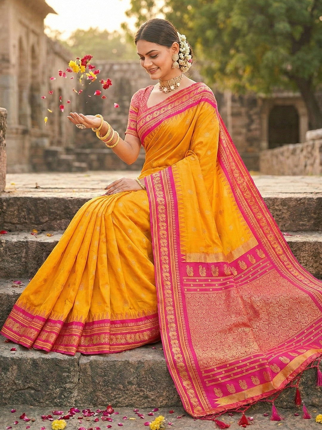Elegant Yellow Silk Blend Saree with Pink Border Detailing - Image 3