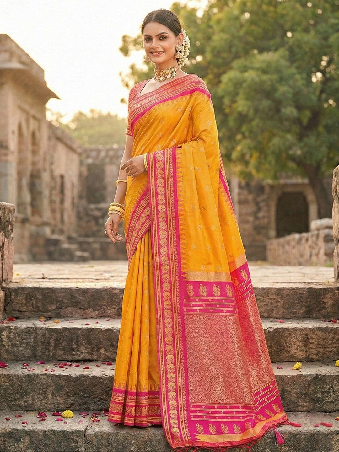 Elegant Yellow Silk Blend Saree with Pink Border Detailing - Image 2