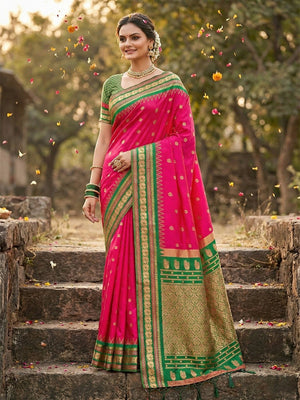 Elegant Pink Silk Blend Saree with Green and Gold Border - Image 1