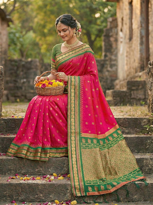 Elegant Pink Silk Blend Saree with Green and Gold Border - Image 2