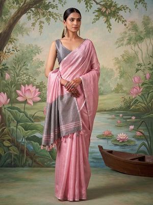 Modern Pink Tissue Saree with Elegant Grey Border and Stylish Tassels - Image 1