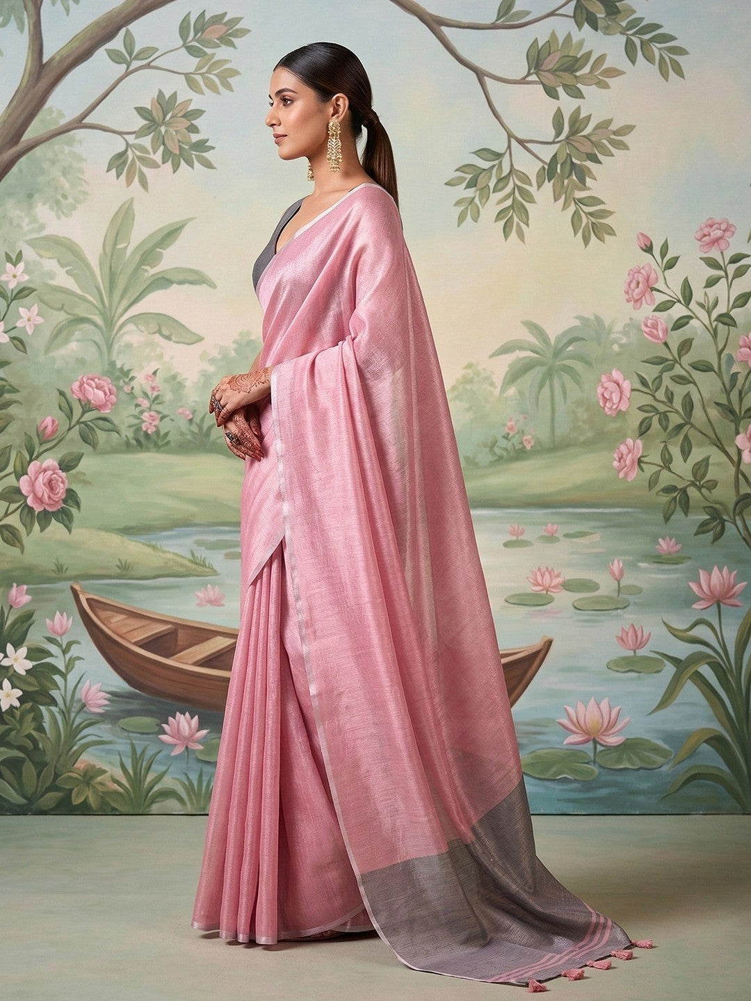 Modern Pink Tissue Saree with Elegant Grey Border and Stylish Tassels - Image 3
