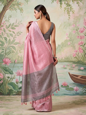 Modern Pink Tissue Saree with Elegant Grey Border and Stylish Tassels - Image 2