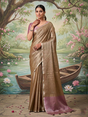 Elegant Brown Tissue Saree with Subtle Sheen and Border Detail - Image 1