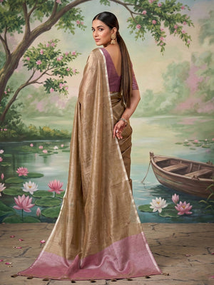 Elegant Brown Tissue Saree with Subtle Sheen and Border Detail - Image 2