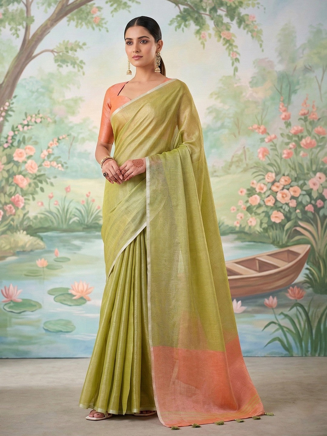 Lime Green Tissue Saree with Silver Border and Peach Accents - Image 1