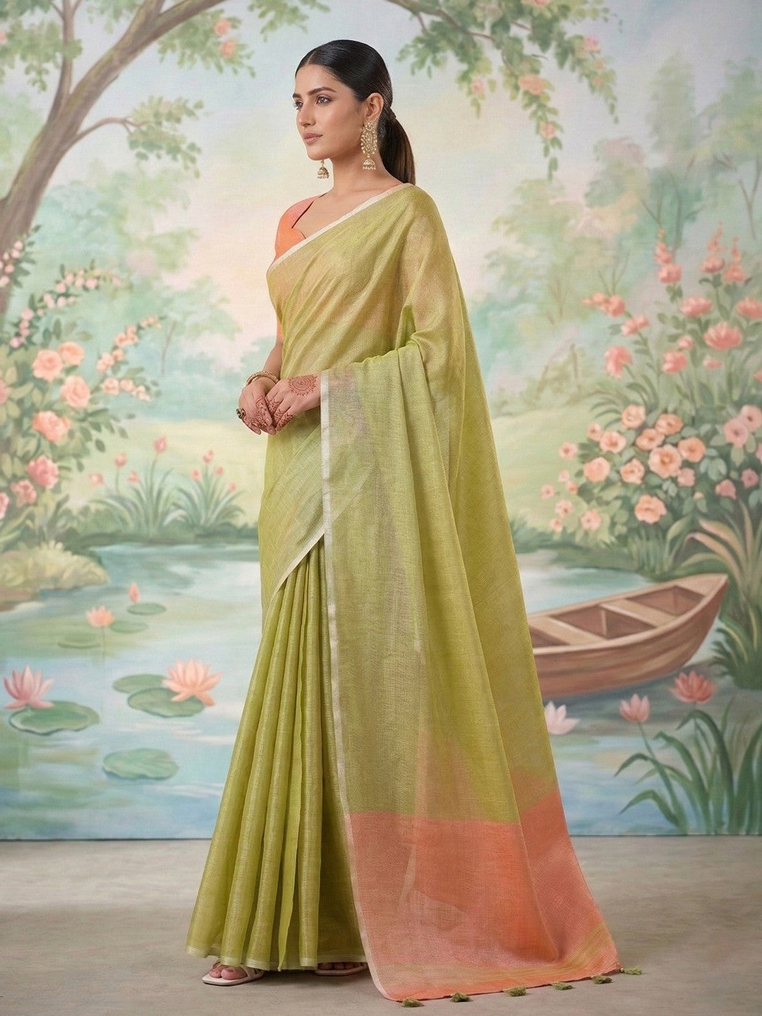 Lime Green Tissue Saree with Silver Border and Peach Accents - Image 3