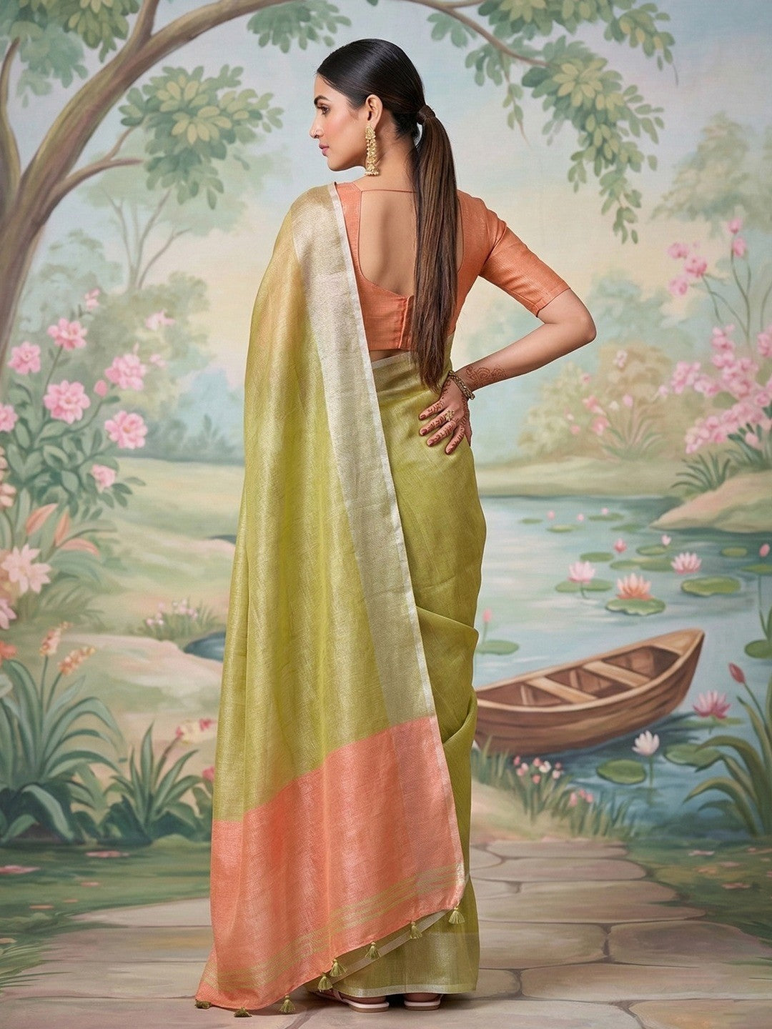 Lime Green Tissue Saree with Silver Border and Peach Accents - Image 2