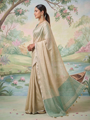Modern Beige Tissue Saree with Elegant Sea Green Border and Stylish Tassels - Image 2