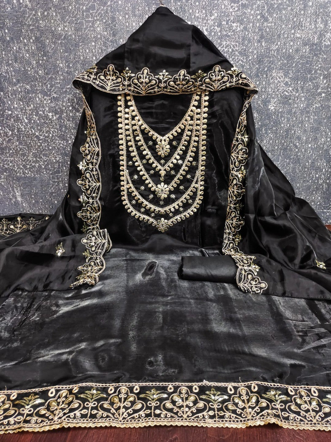 Stunning Black Floral Art Silk Dress Material Adorned With Gota Patti & Sequins Embroidery - Image 6