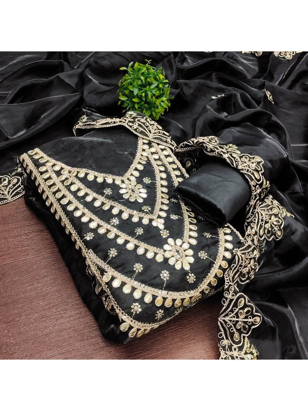Stunning Black Floral Art Silk Dress Material Adorned With Gota Patti & Sequins Embroidery - Image 4