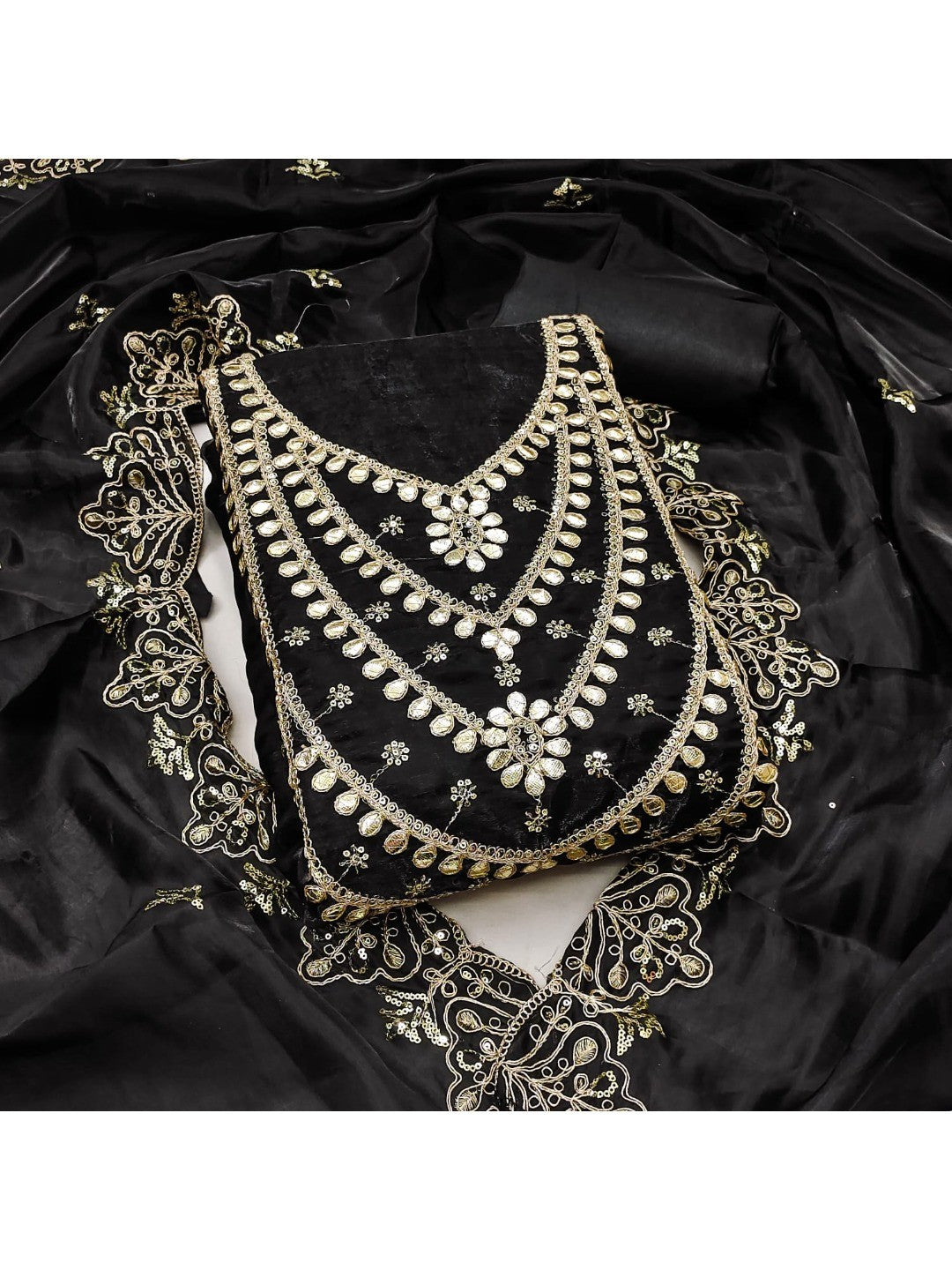 Stunning Black Floral Art Silk Dress Material Adorned With Gota Patti & Sequins Embroidery - Image 5