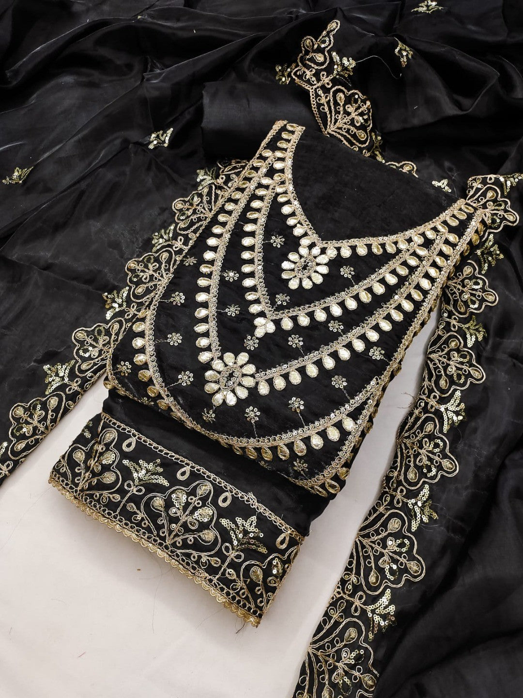 Stunning Black Floral Art Silk Dress Material Adorned With Gota Patti & Sequins Embroidery - Image 7