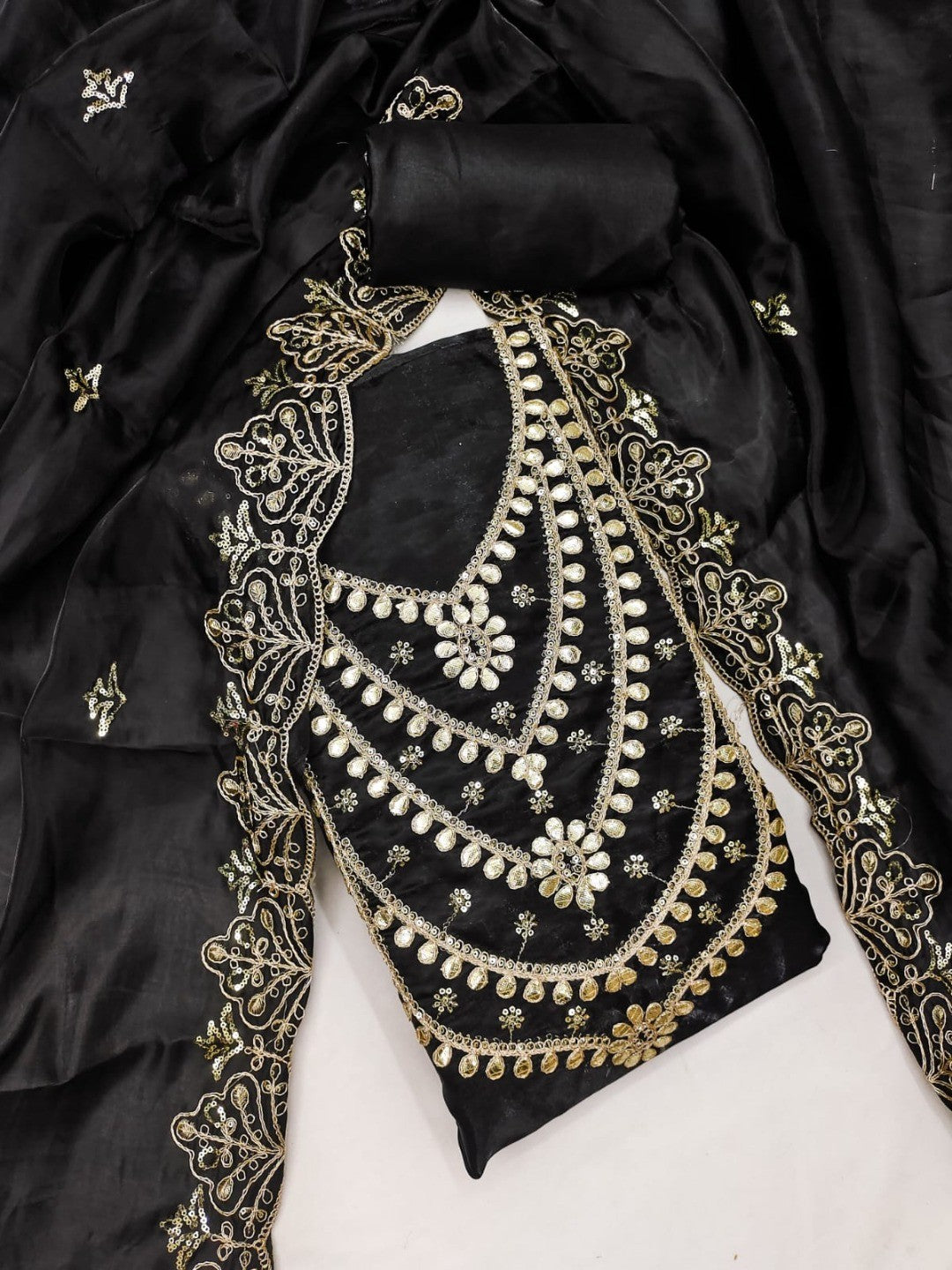 Stunning Black Floral Art Silk Dress Material Adorned With Gota Patti & Sequins Embroidery - Image 1
