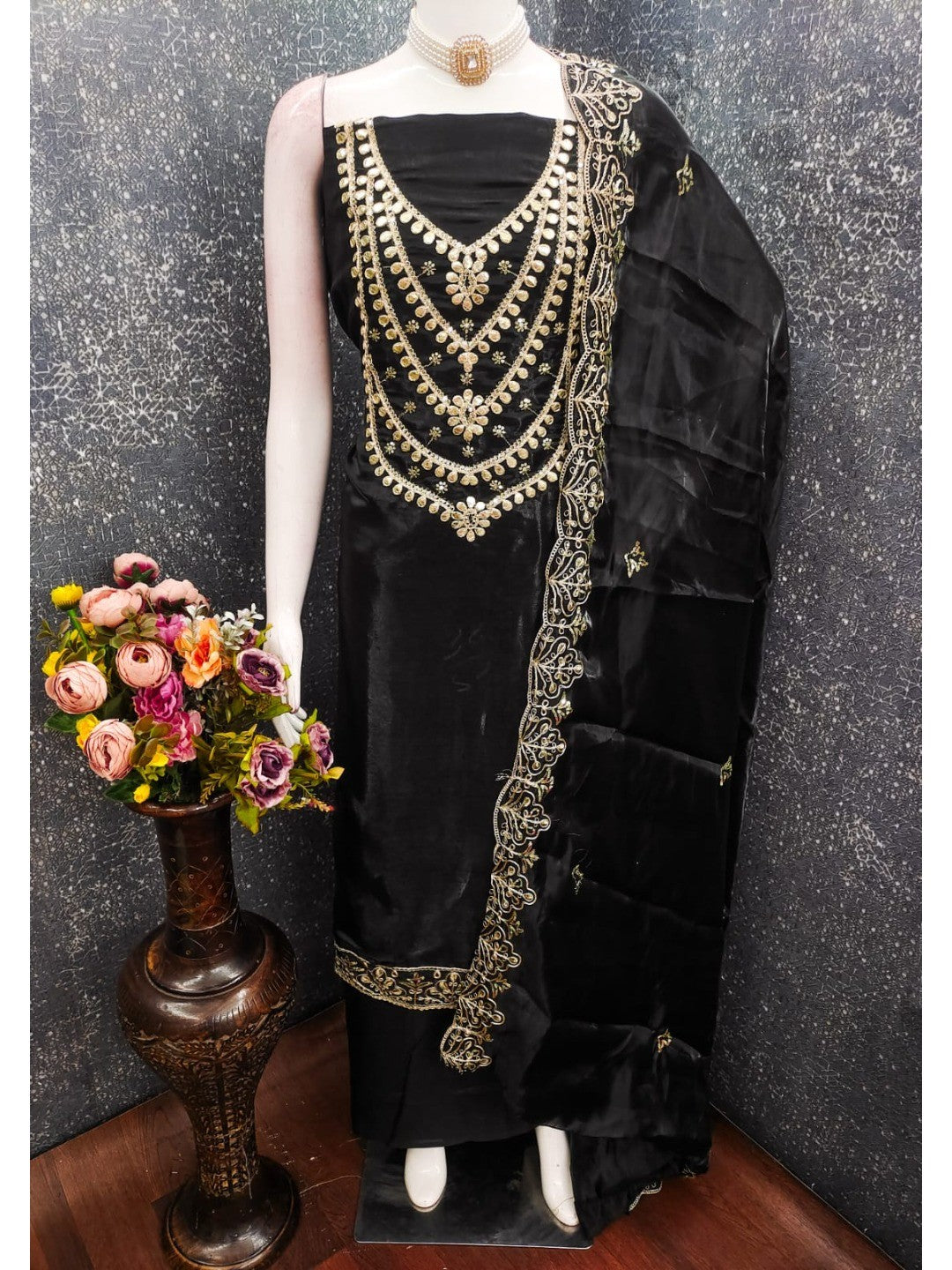 Stunning Black Floral Art Silk Dress Material Adorned With Gota Patti & Sequins Embroidery - Image 3