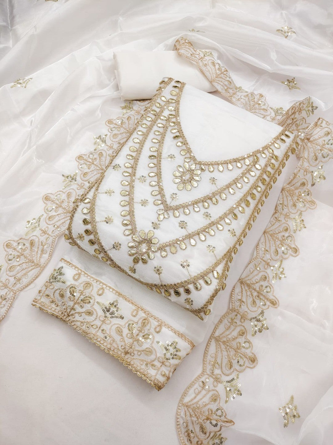 Stunning White Floral Art Silk Dress Material Adorned With Gota Patti & Sequins Embroidery - Image 3