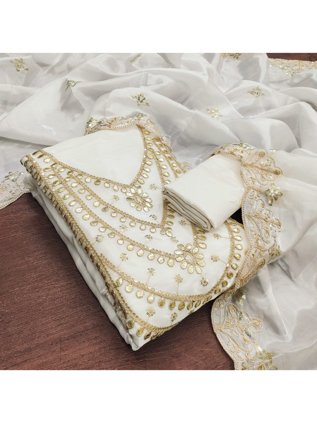 Stunning White Floral Art Silk Dress Material Adorned With Gota Patti & Sequins Embroidery - Image 5
