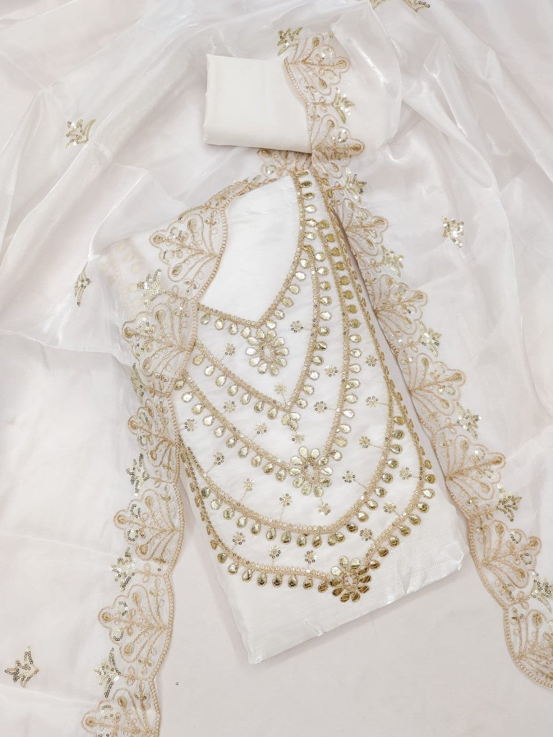 Stunning White Floral Art Silk Dress Material Adorned With Gota Patti & Sequins Embroidery - Image 4