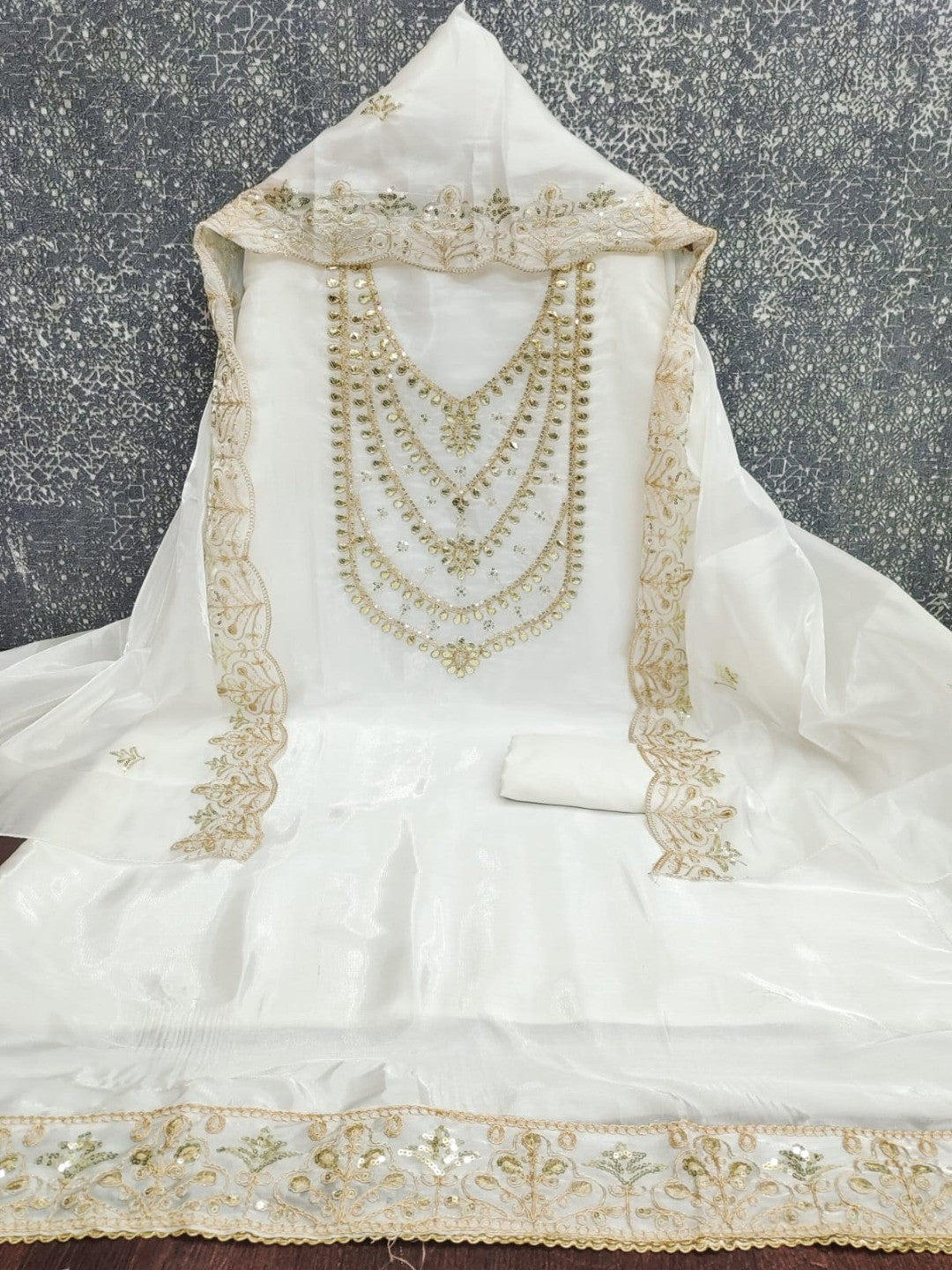 Stunning White Floral Art Silk Dress Material Adorned With Gota Patti & Sequins Embroidery - Image 6