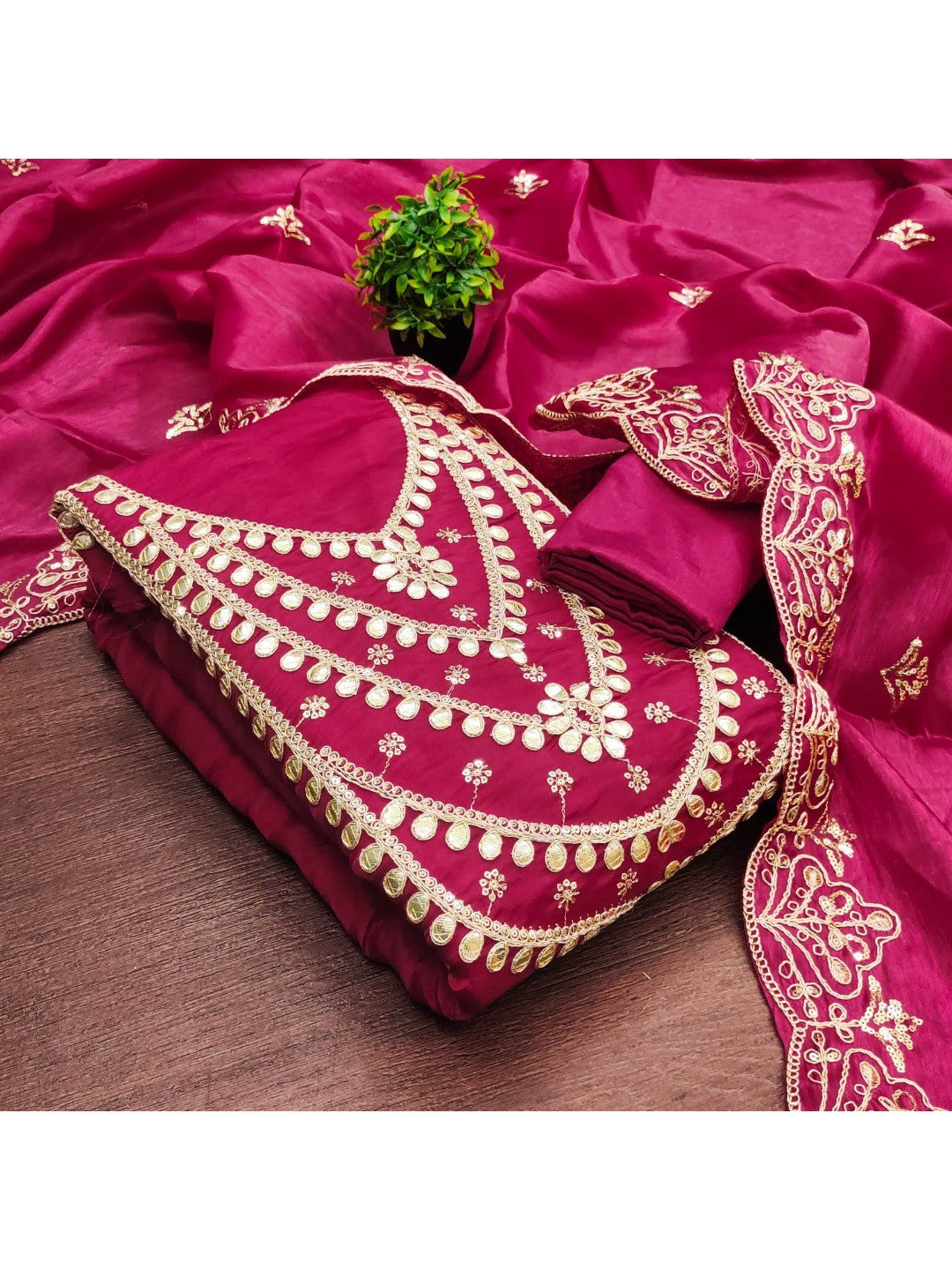 Stunning Rani Pink Floral Art Silk Dress Material Adorned With Gota Patti & Sequins Embroidery - Image 6