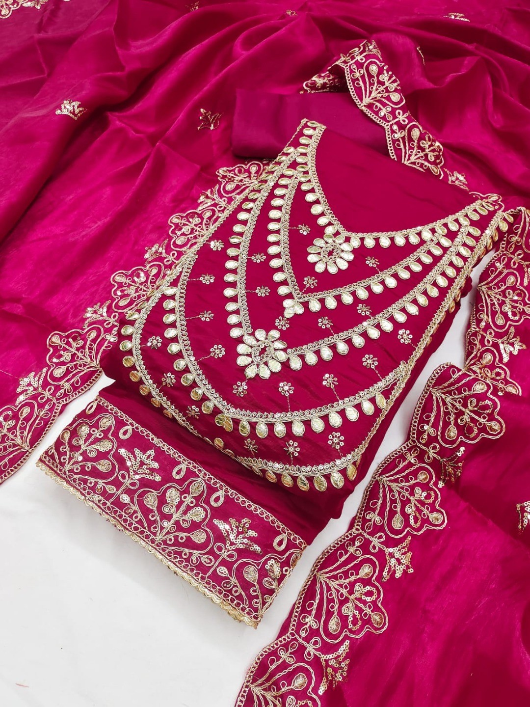 Stunning Rani Pink Floral Art Silk Dress Material Adorned With Gota Patti & Sequins Embroidery - Image 7