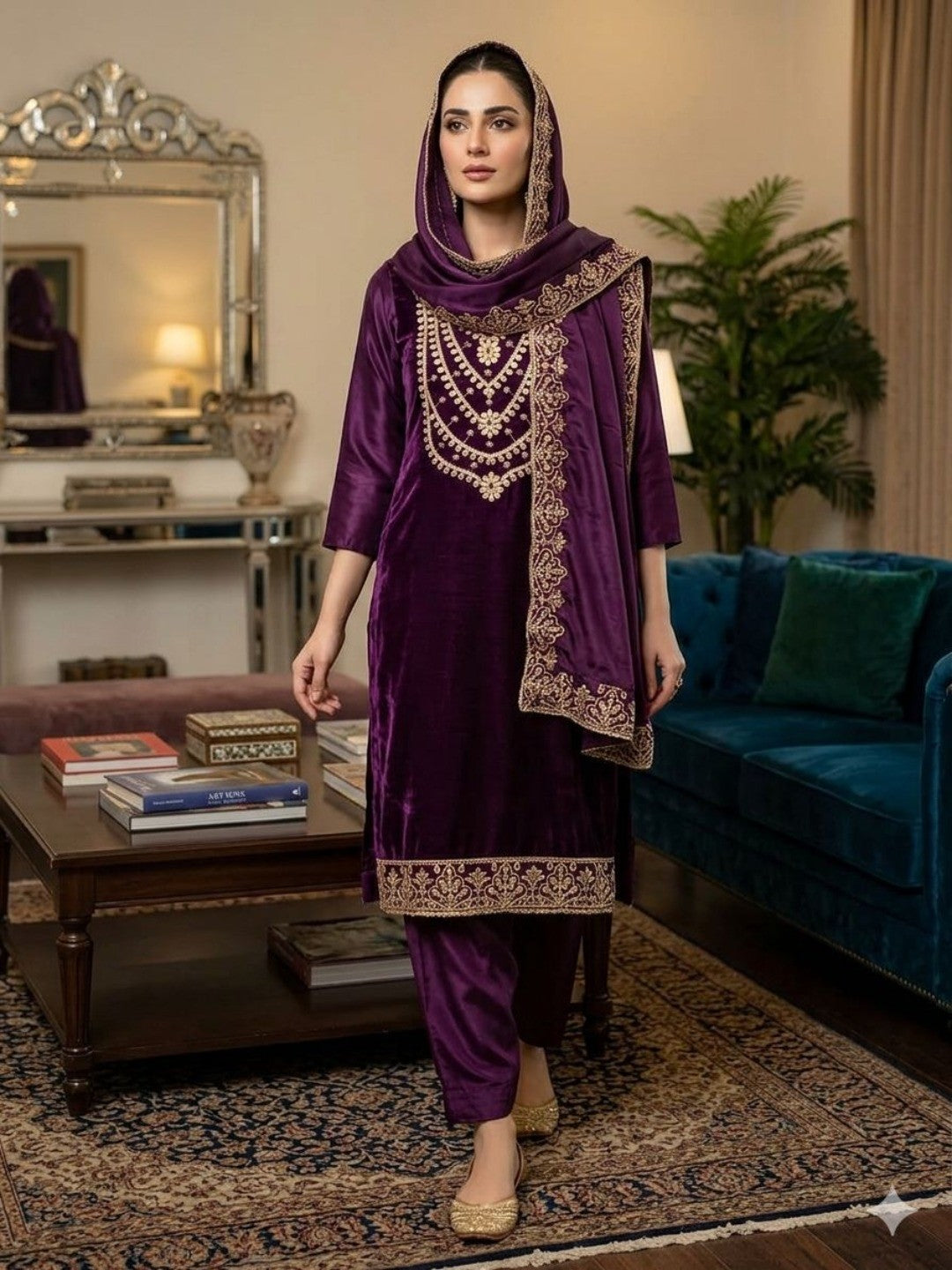Stunning Purple Floral Art Silk Dress Material Adorned With Gota Patti & Sequins Embroidery - Image 2