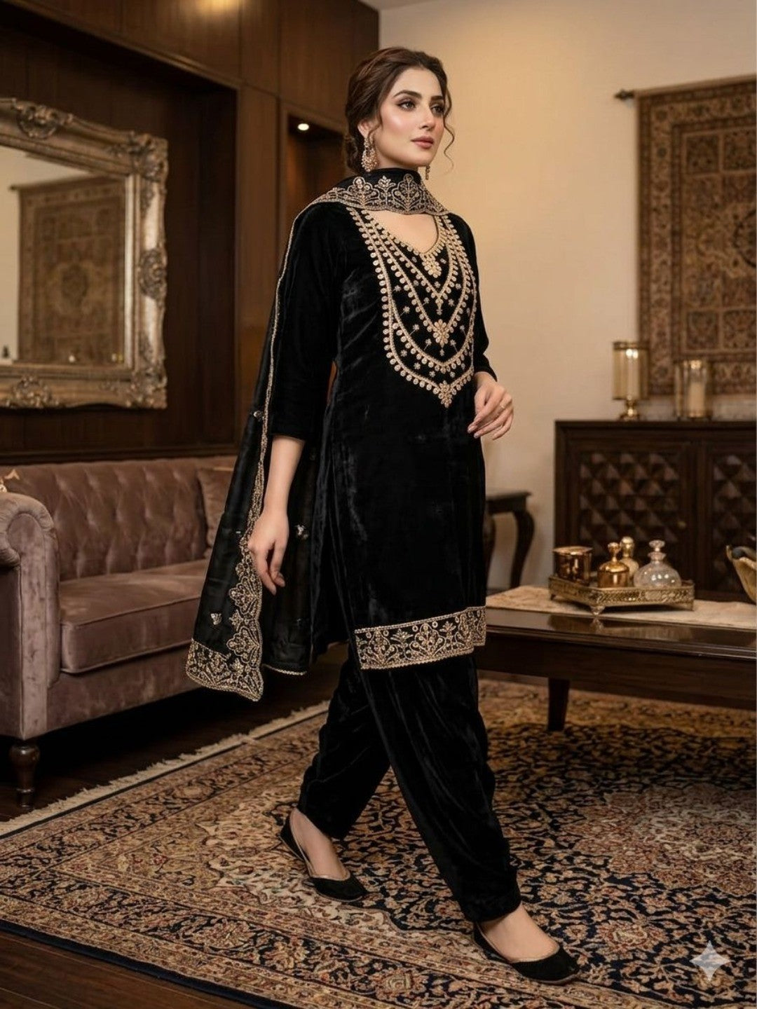Stunning Black Floral Art Silk Dress Material Adorned With Gota Patti & Sequins Embroidery - Image 2
