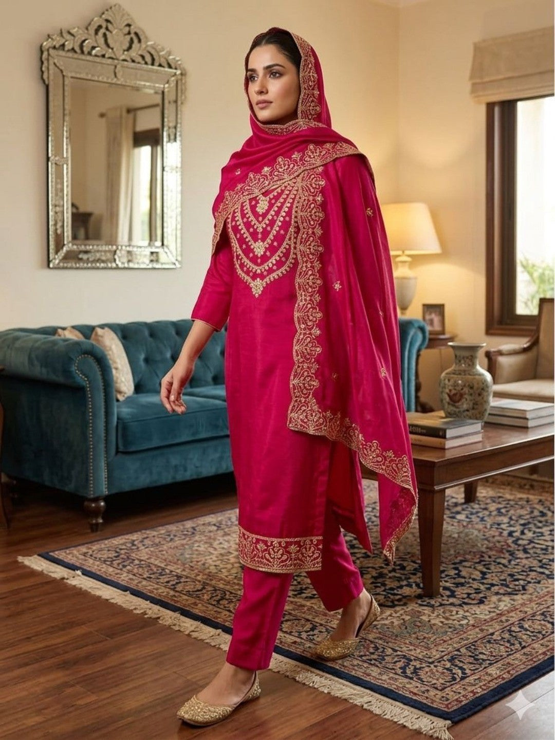 Stunning Rani Pink Floral Art Silk Dress Material Adorned With Gota Patti & Sequins Embroidery - Image 1
