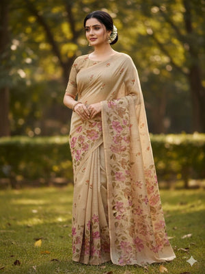 Cream Floral Printed Cotton Silk Saree for Festive Occasions - Image 1