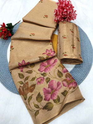 Cream Floral Printed Cotton Silk Saree for Festive Occasions - Image 2