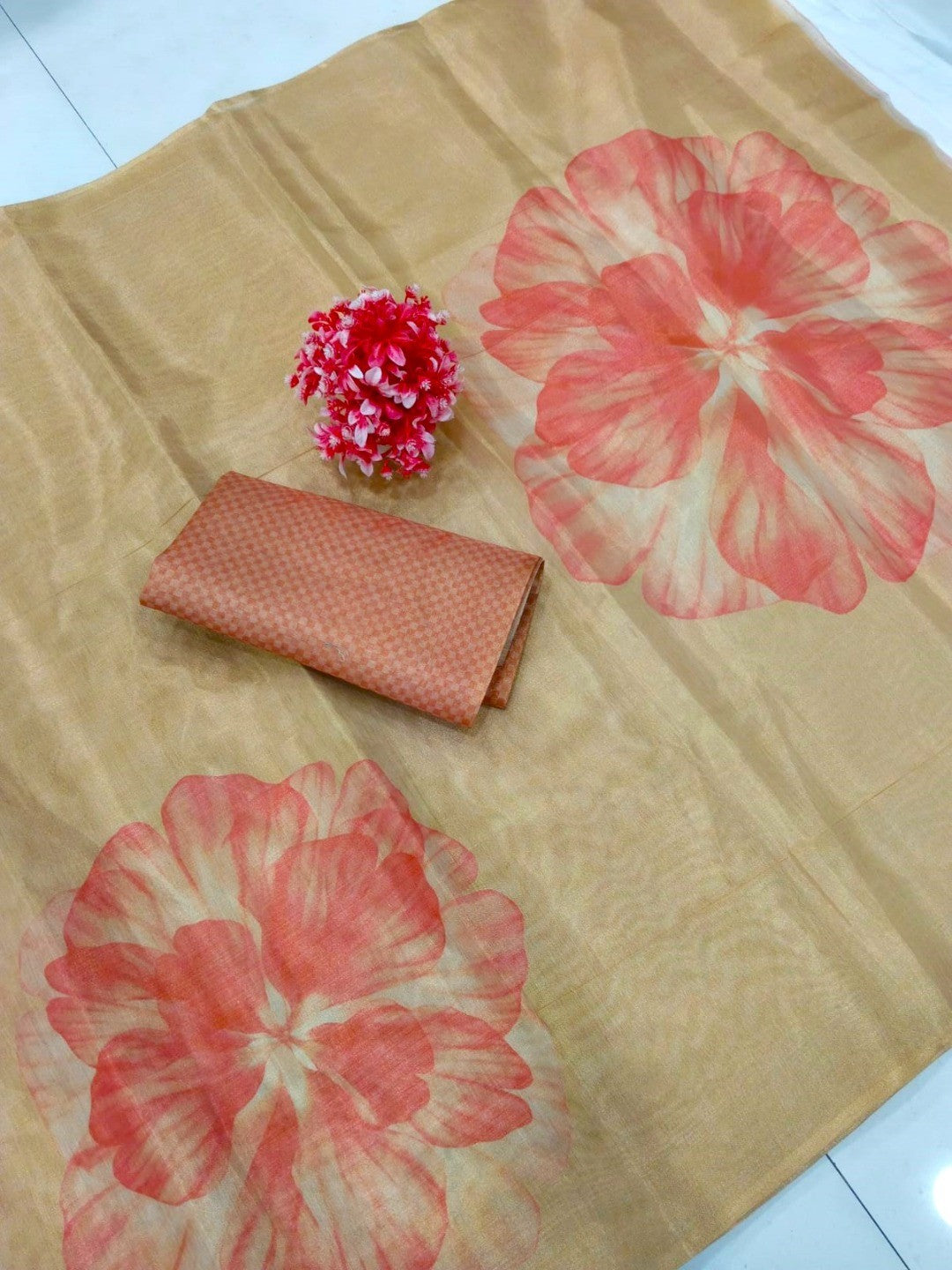 Elegant Chikoo Cotton Silk Saree with Floral Print for Festive Occasions - Image 2