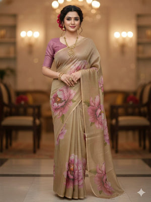 Beige Floral Printed Cotton Silk Saree For Festive Wear - Image 1
