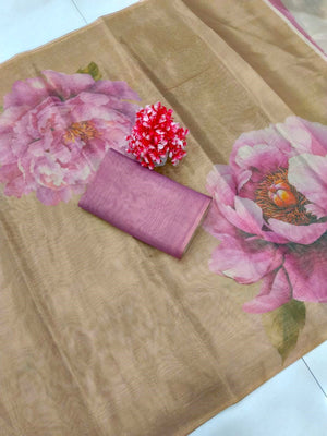 Beige Floral Printed Cotton Silk Saree For Festive Wear - Image 2