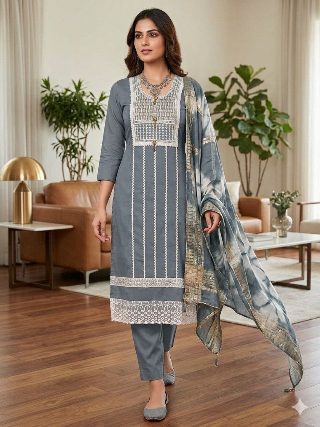 Elegant Grey Roman Cotton Blend Dress Material With Thread Embroidery & Sequins Work - Image 2