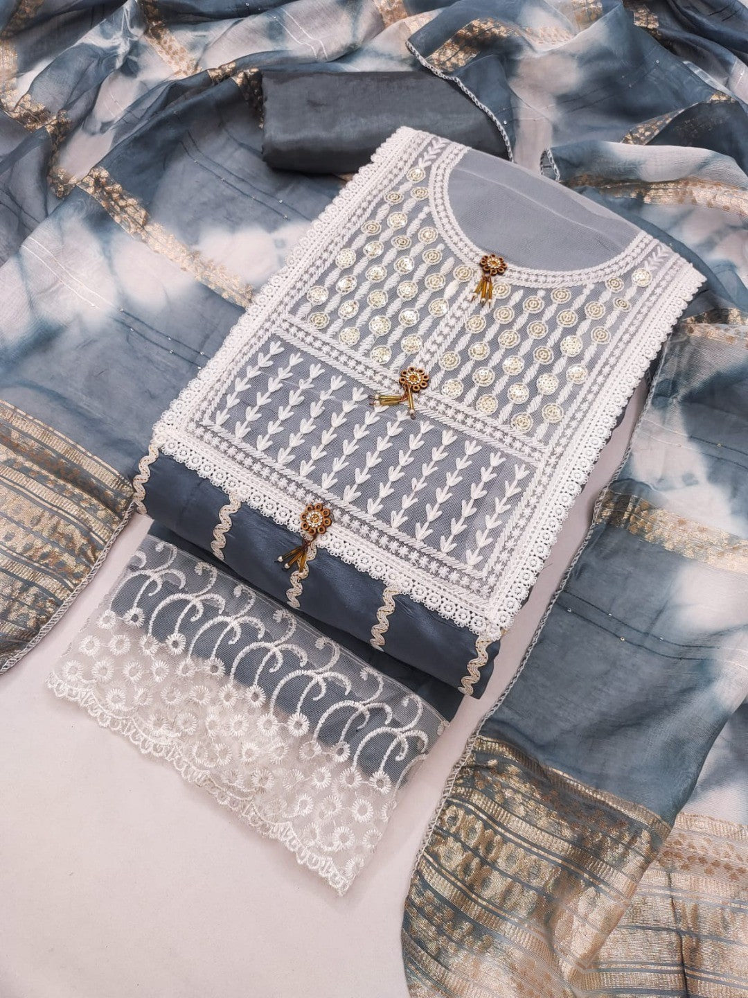 Elegant Grey Roman Cotton Blend Dress Material With Thread Embroidery & Sequins Work - Image 1