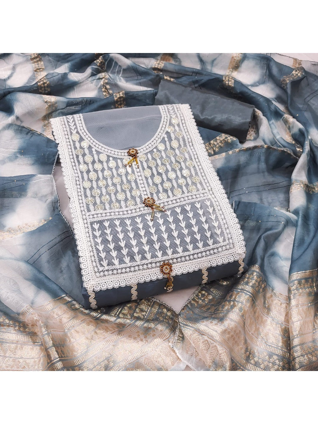 Elegant Grey Roman Cotton Blend Dress Material With Thread Embroidery & Sequins Work - Image 5
