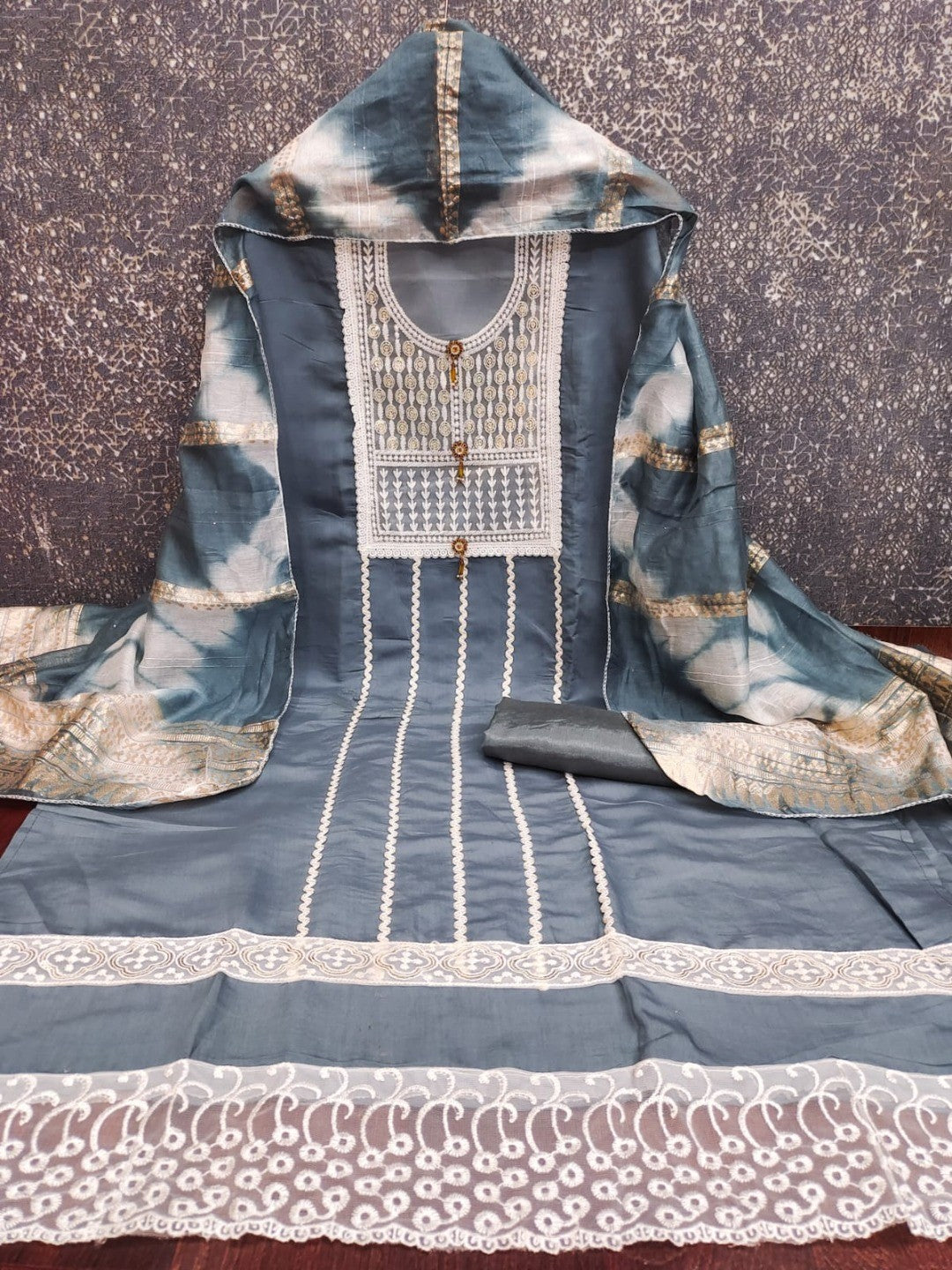 Elegant Grey Roman Cotton Blend Dress Material With Thread Embroidery & Sequins Work - Image 4