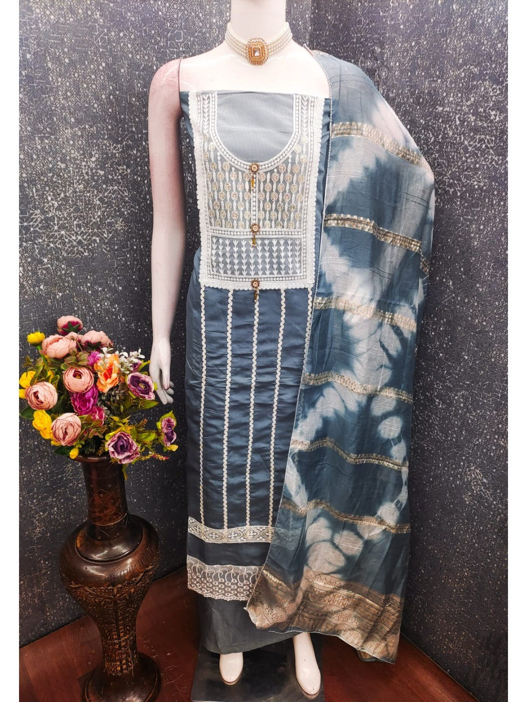 Elegant Grey Roman Cotton Blend Dress Material With Thread Embroidery & Sequins Work - Image 3