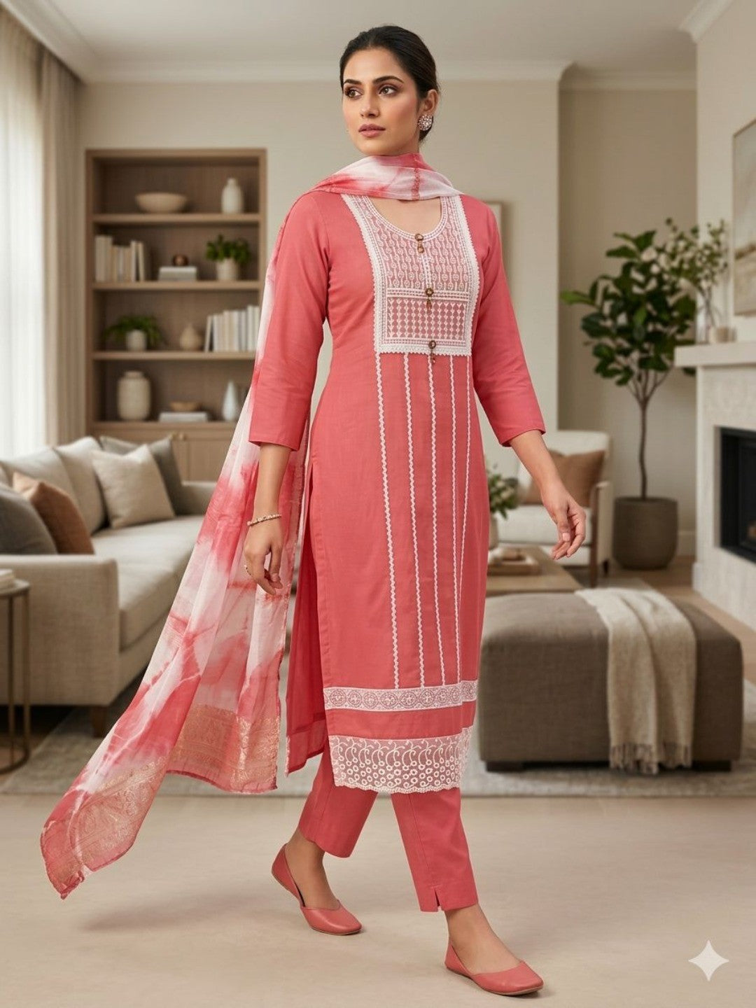 Elegant Pink Roman Cotton Blend Dress Material With Thread Embroidery & Sequins Work - Image 2