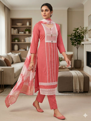Elegant Pink Roman Cotton Blend Dress Material With Thread Embroidery & Sequins Work - Image 2