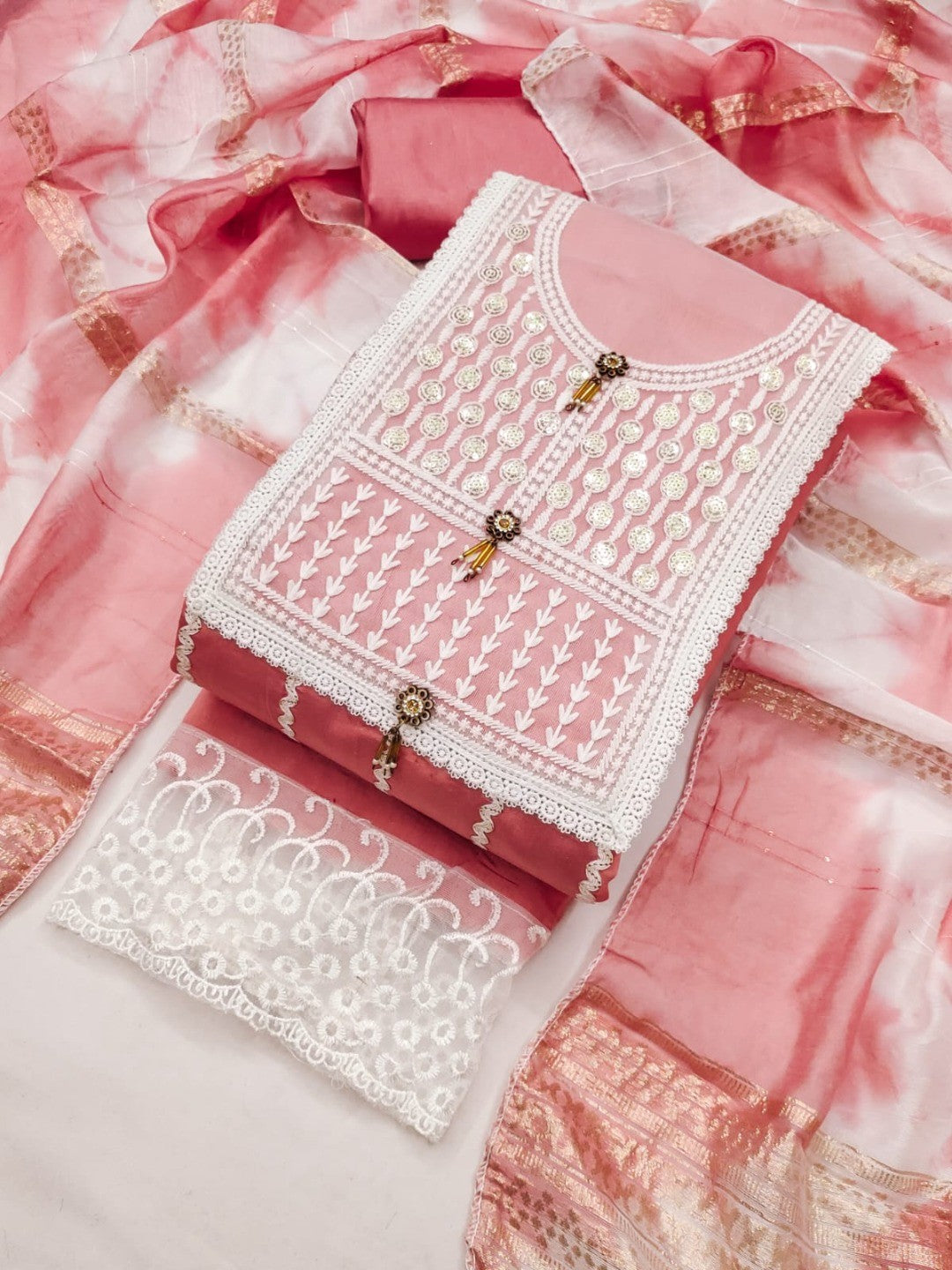 Elegant Pink Roman Cotton Blend Dress Material With Thread Embroidery & Sequins Work - Image 1