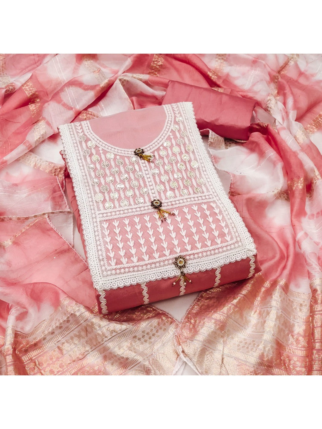 Elegant Pink Roman Cotton Blend Dress Material With Thread Embroidery & Sequins Work - Image 3