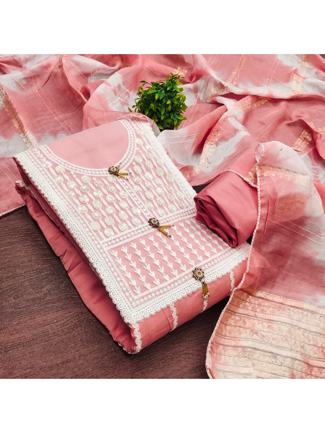 Elegant Pink Roman Cotton Blend Dress Material With Thread Embroidery & Sequins Work - Image 5