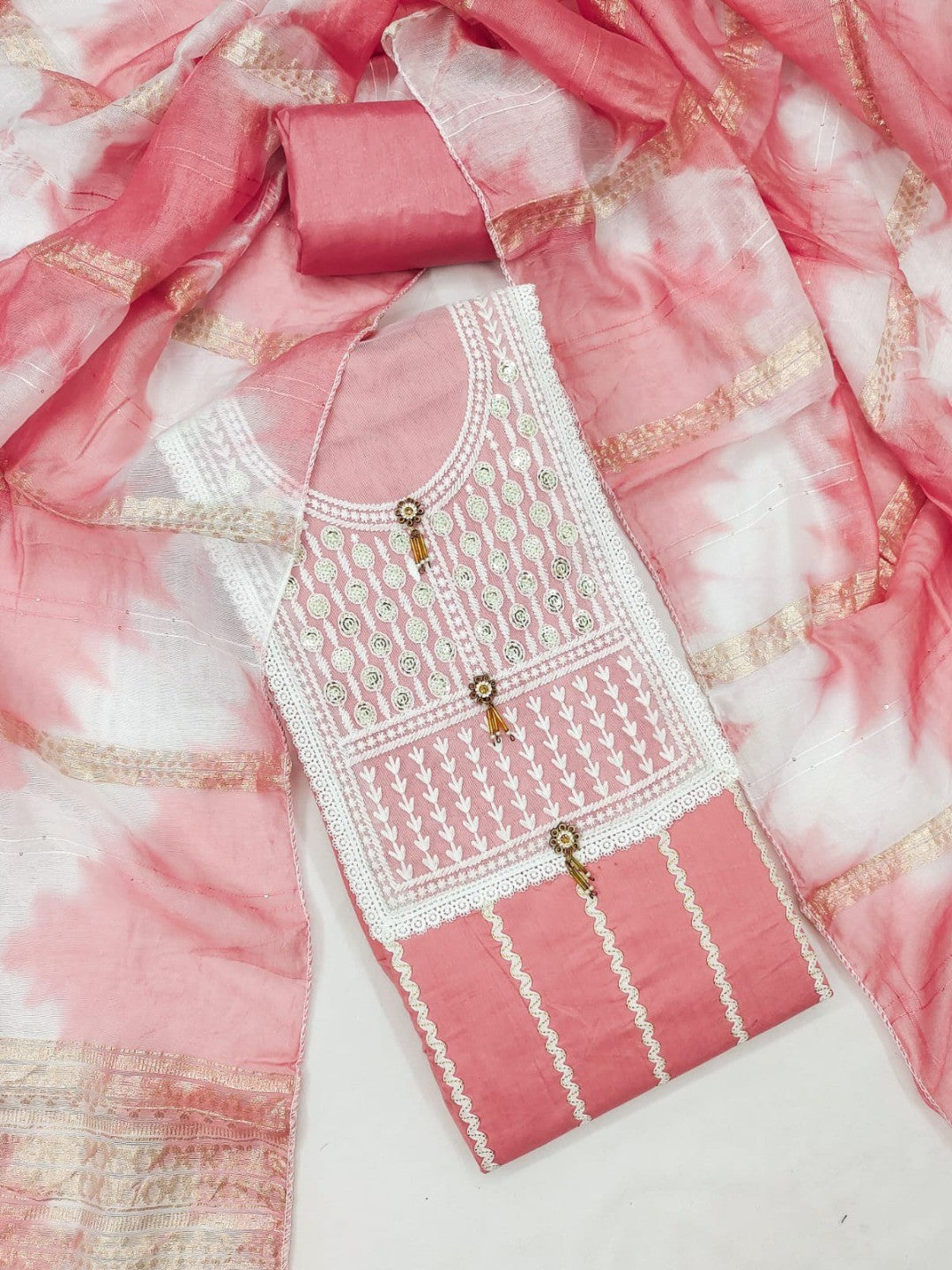 Elegant Pink Roman Cotton Blend Dress Material With Thread Embroidery & Sequins Work - Image 7