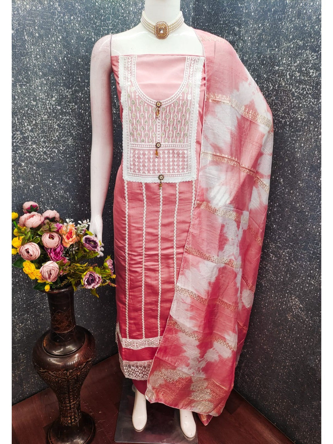 Elegant Pink Roman Cotton Blend Dress Material With Thread Embroidery & Sequins Work - Image 4