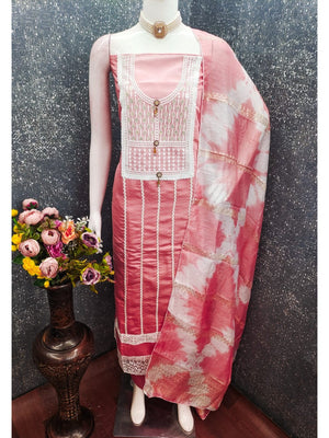 Elegant Pink Roman Cotton Blend Dress Material With Thread Embroidery & Sequins Work - Image 2