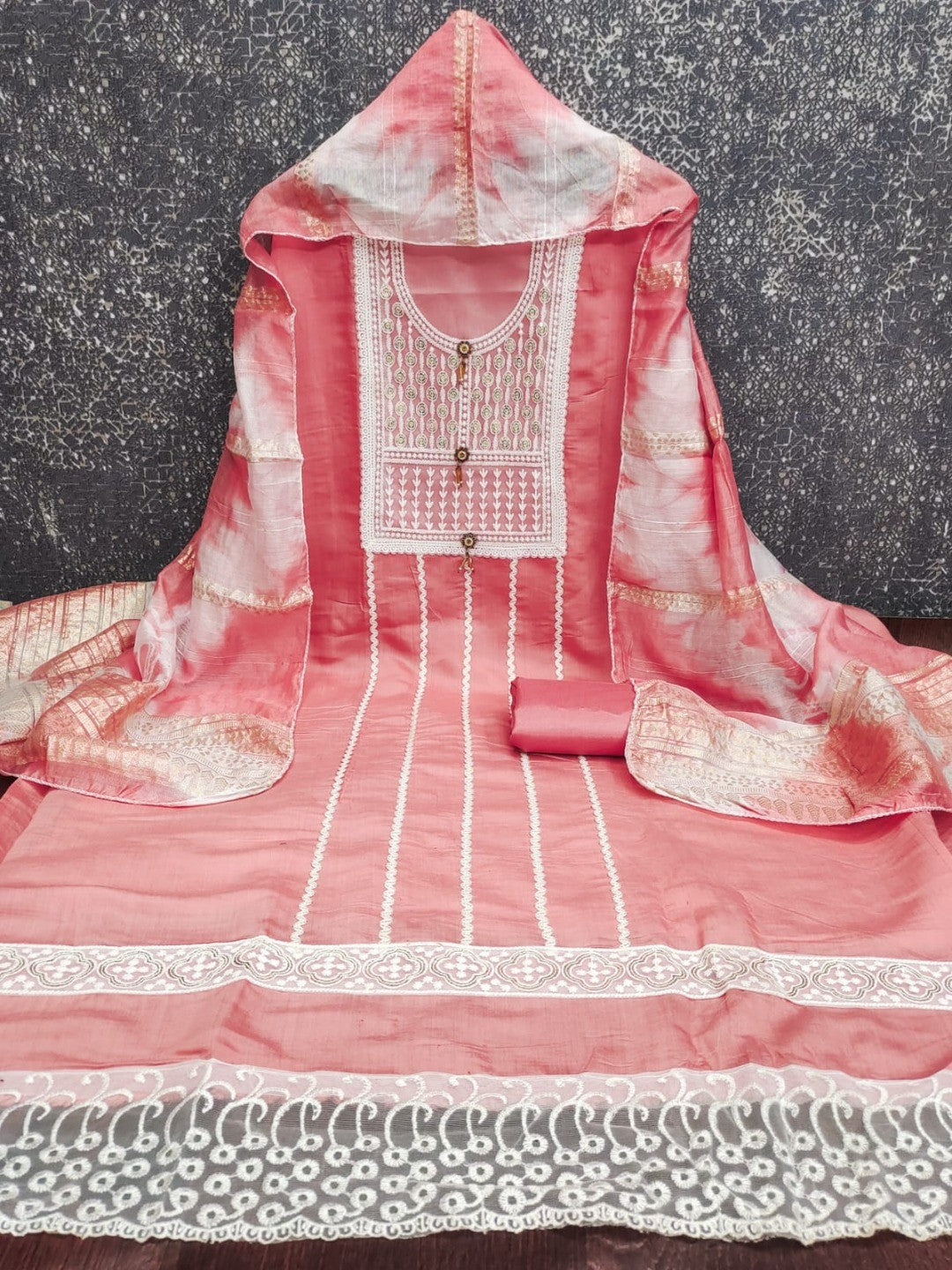 Elegant Pink Roman Cotton Blend Dress Material With Thread Embroidery & Sequins Work - Image 6