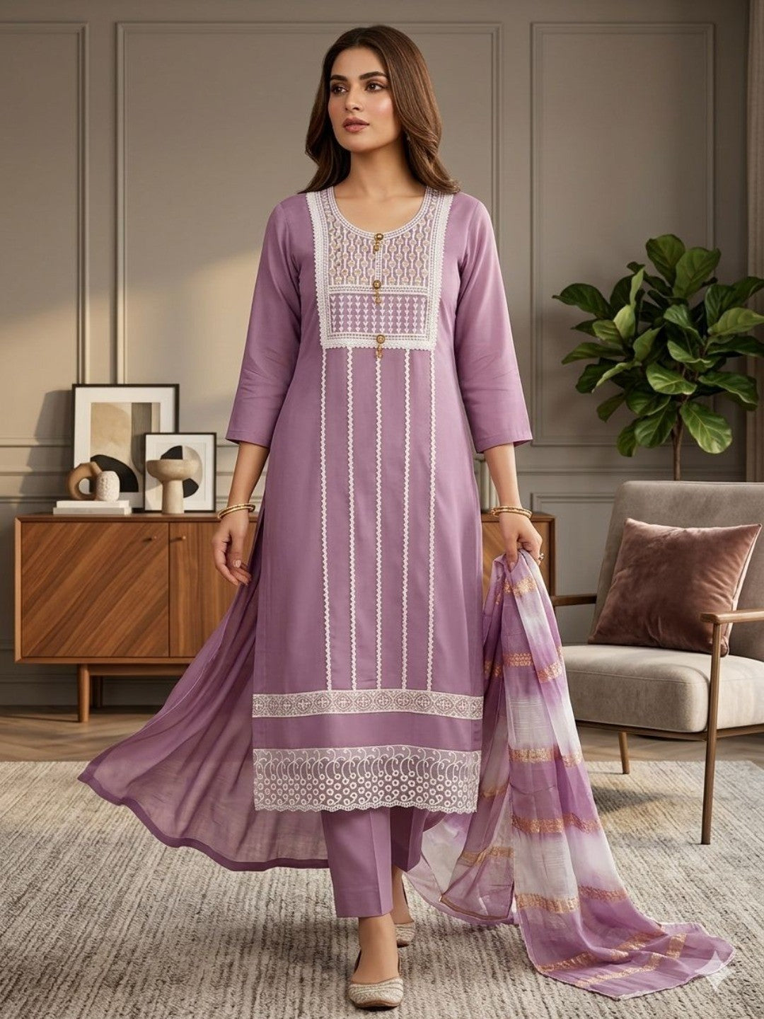 Elegant Lavender Roman Cotton Blend Dress Material With Thread Embroidery & Sequins Work - Image 2