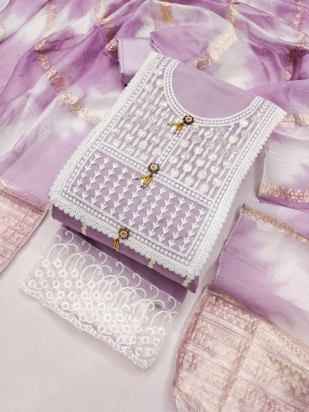 Elegant Lavender Roman Cotton Blend Dress Material With Thread Embroidery & Sequins Work - Image 5