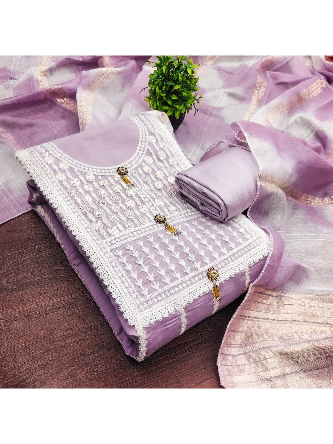 Elegant Lavender Roman Cotton Blend Dress Material With Thread Embroidery & Sequins Work - Image 6